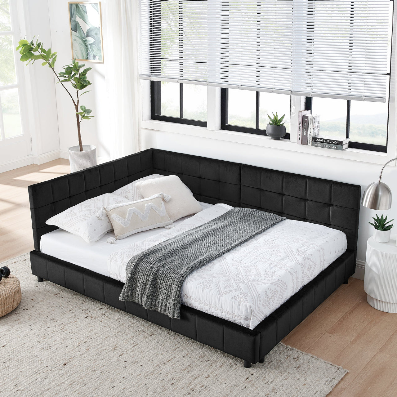 Mid-Century Full Size Upholstered Tufted Bed Frame with Comfortable Backrest and Armrests, Velvet, Black