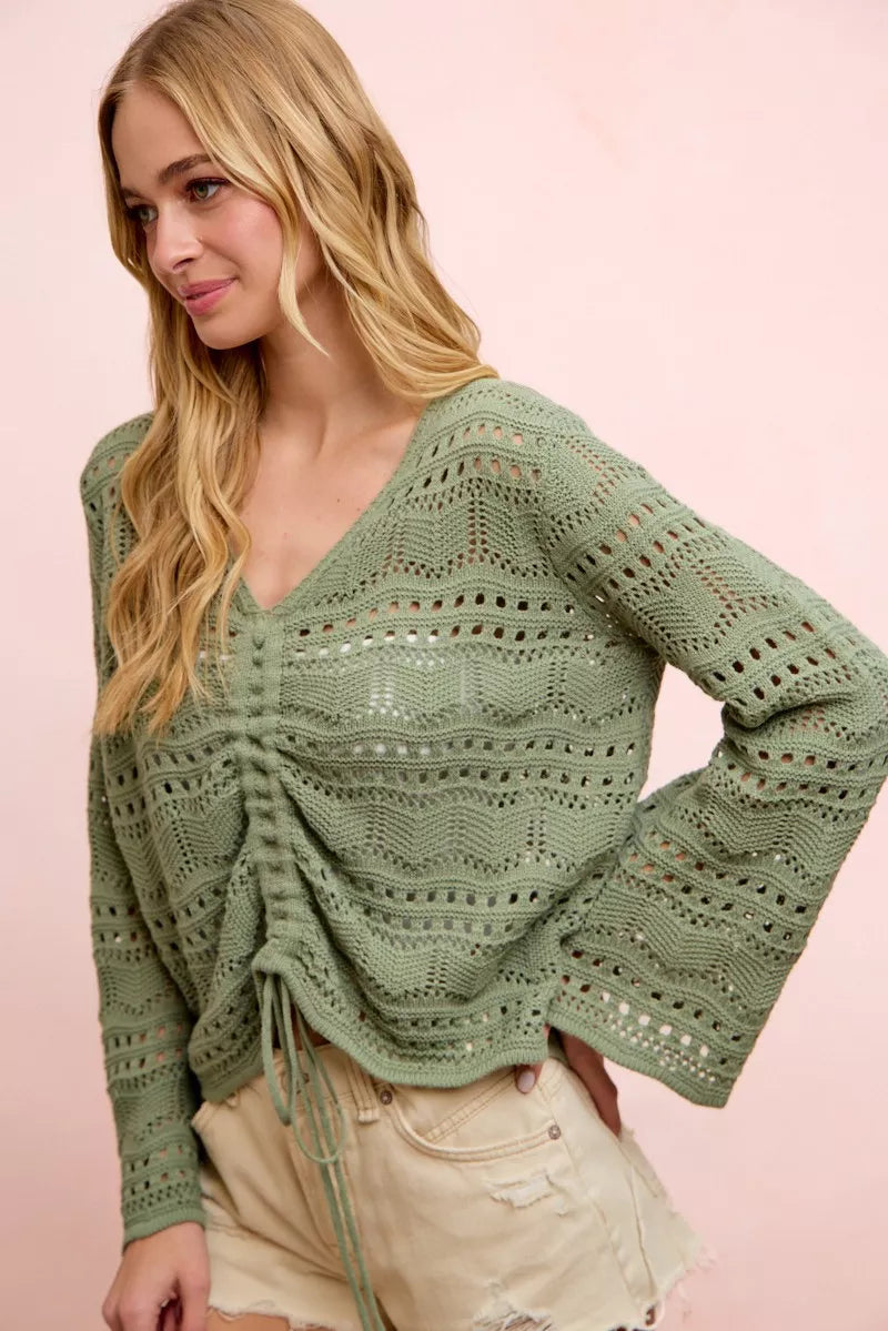 BiBi Pointelle Knit V Neck Ruched Front Lightweight Top