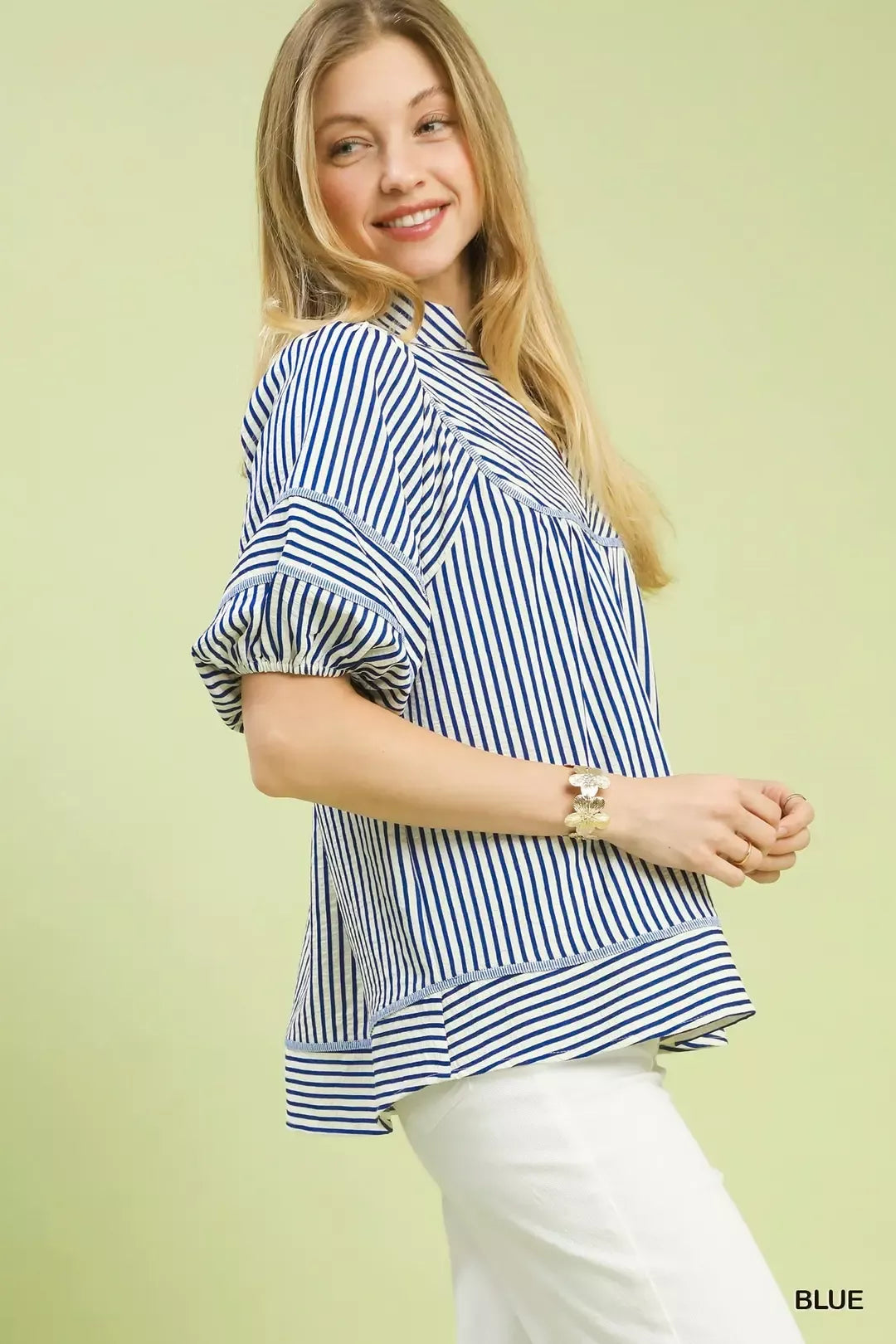 Umgee Striped Puff Sleeve Babydoll Top