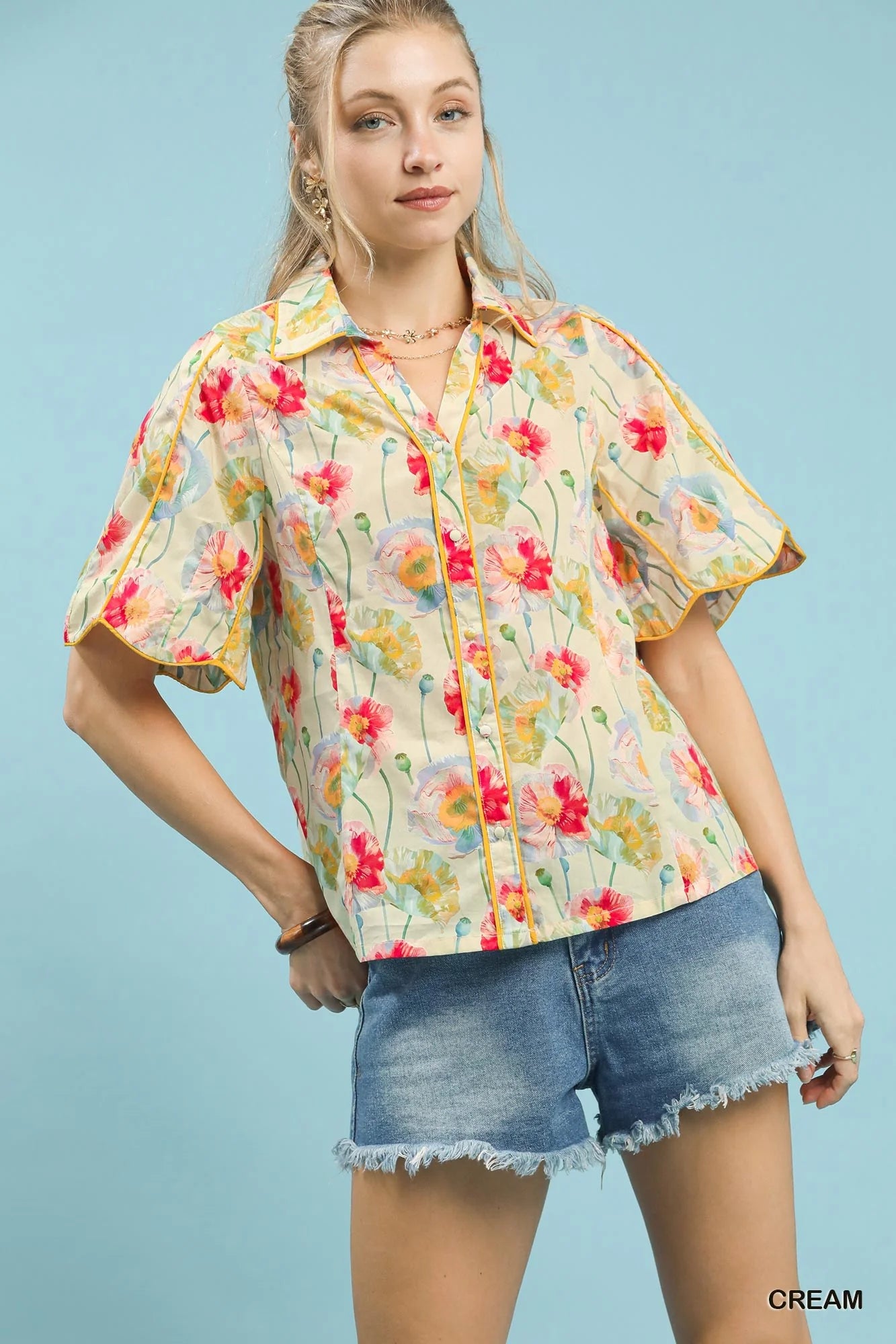 Umgee Floral Print Button-Down Blouse with Flutter Sleeves