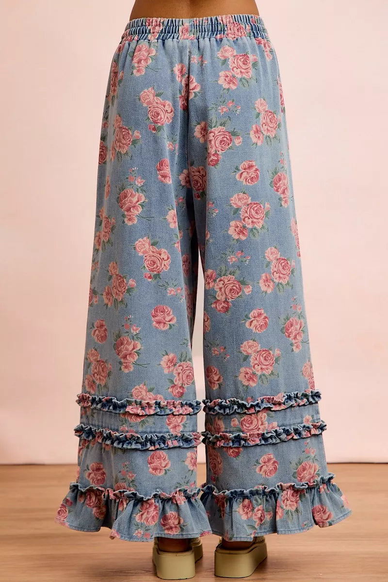 BiBi Washed Floral Denim With Ruffle Elastic Wide Pants