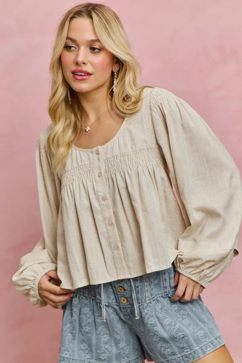 SO ME Linen Blend Woven Long Sleeve With Smocking Top