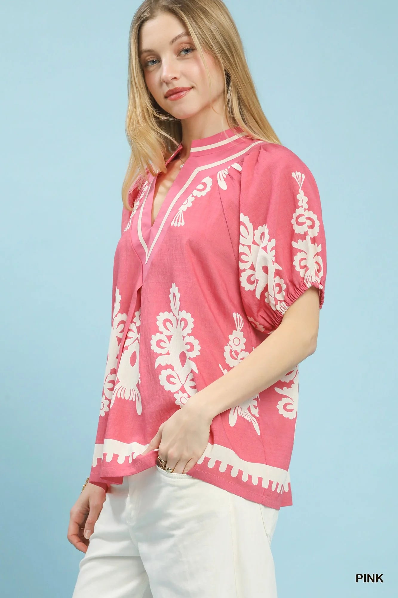 Umgee Boho Print Split-Neck Short Sleeve Top