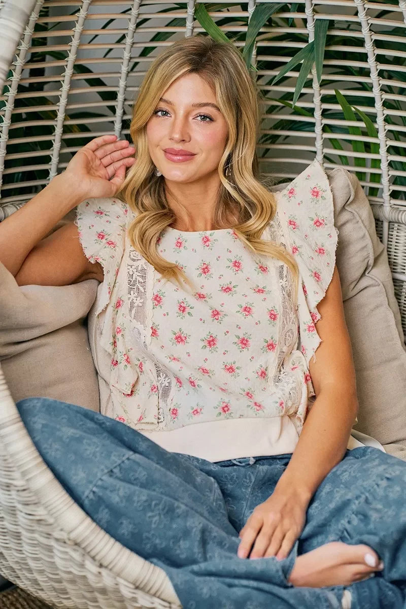 BiBi Flower Printed Ruffle Sleeve Trim Detail Top
