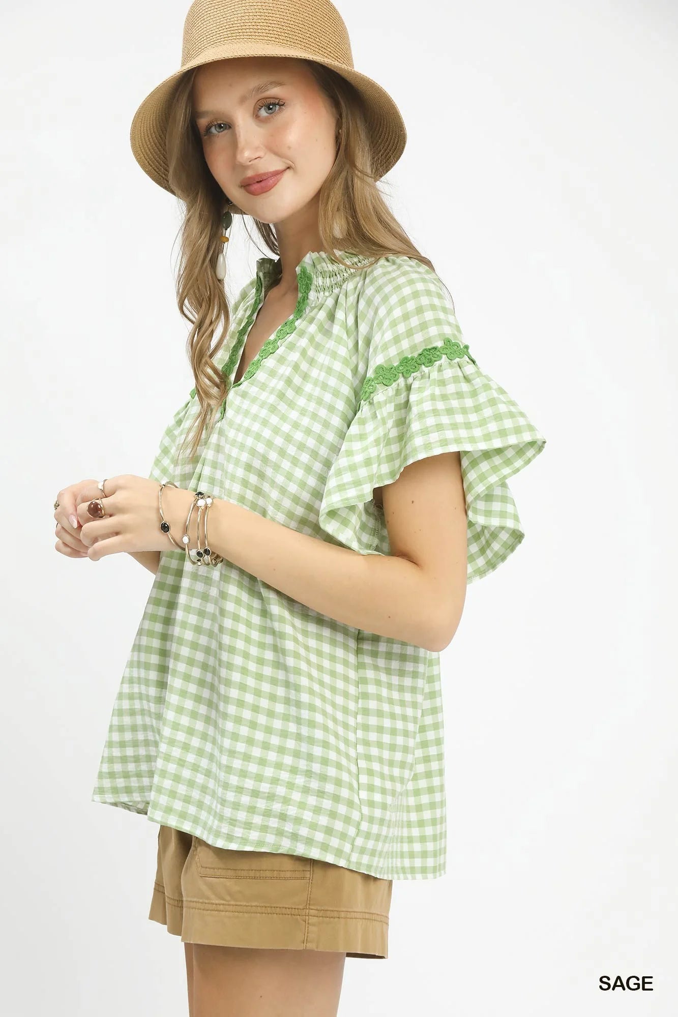 Umgee Gingham Lace Trim Top