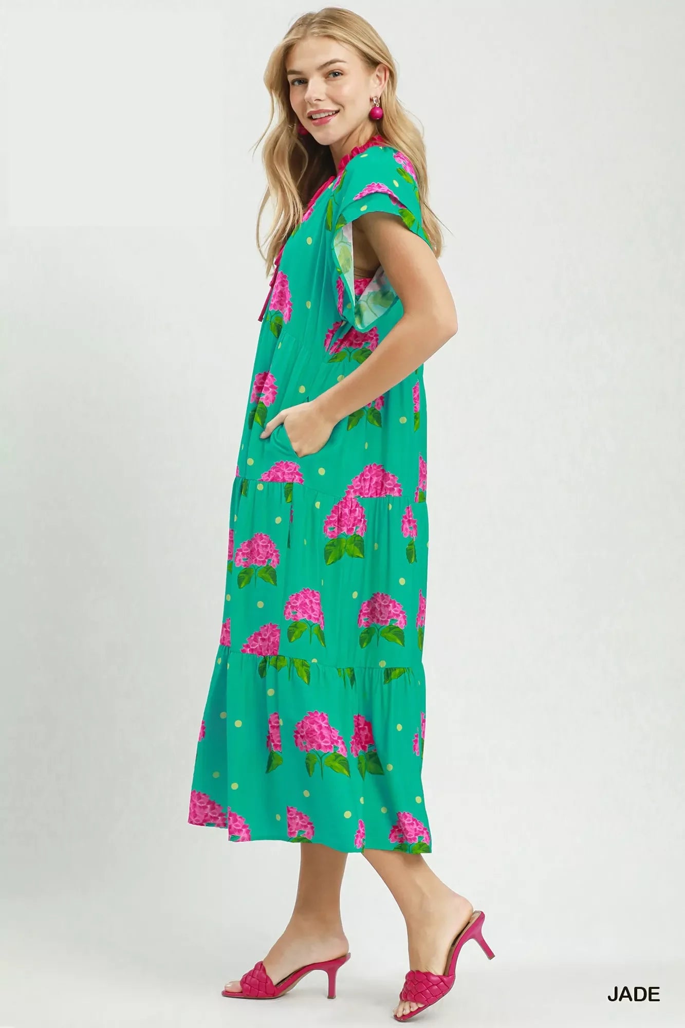 Umgee Hydrangea Print Tiered Midi Dress