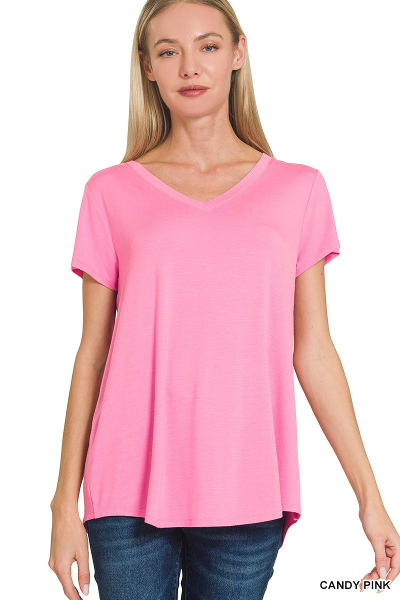 Zenana Rayon Short Sleeve V-neck Round Hem Top