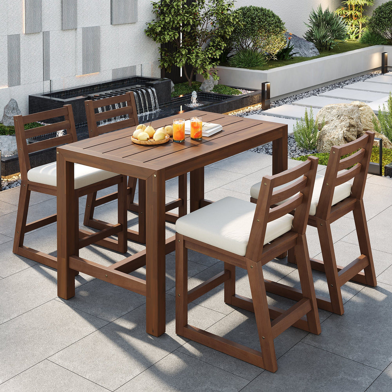 TREXM Rustic Patio Bar Set with Ergonomic Chairs, Solid Wood Slatted Tabletop in Mocha+Beige Cushion