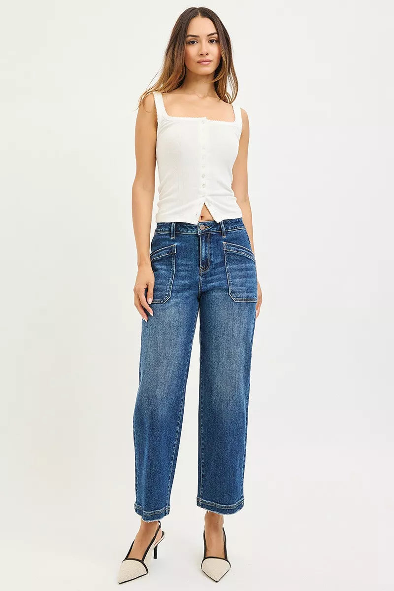 RISEN Slouchy Cropped Baggy Jeans with Front Patch Pocket