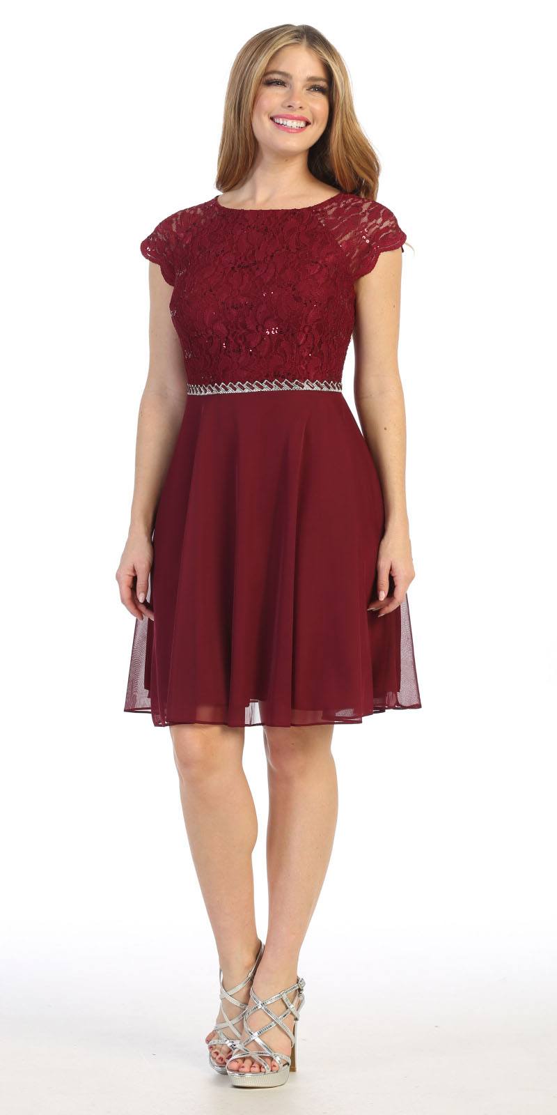CLEARANCE - Celavie 6394-S Embellished Waist Short Sleeve Dress (Size 2XL)