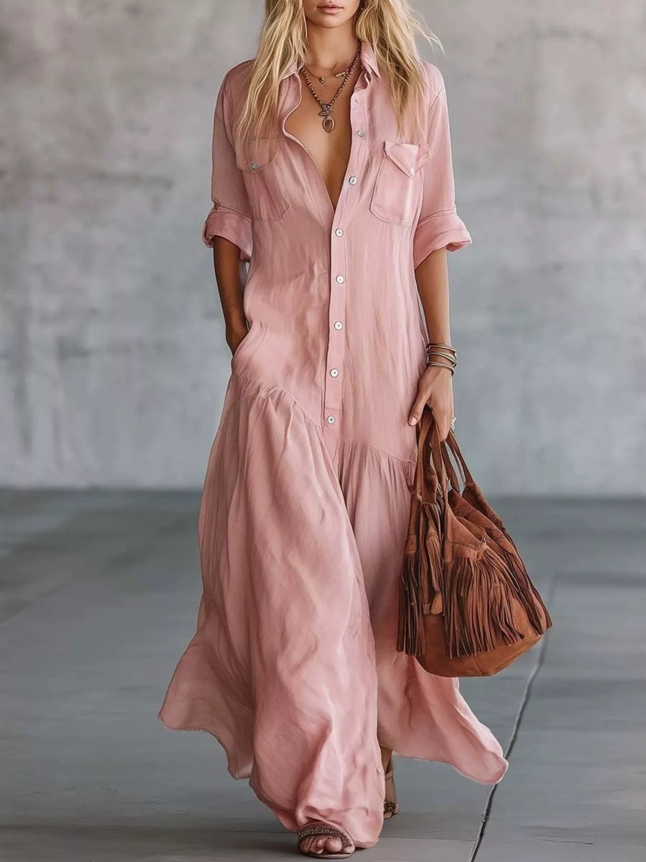 Full Size Button Front Roll-Up Sleeve Maxi Dress Plus Size
