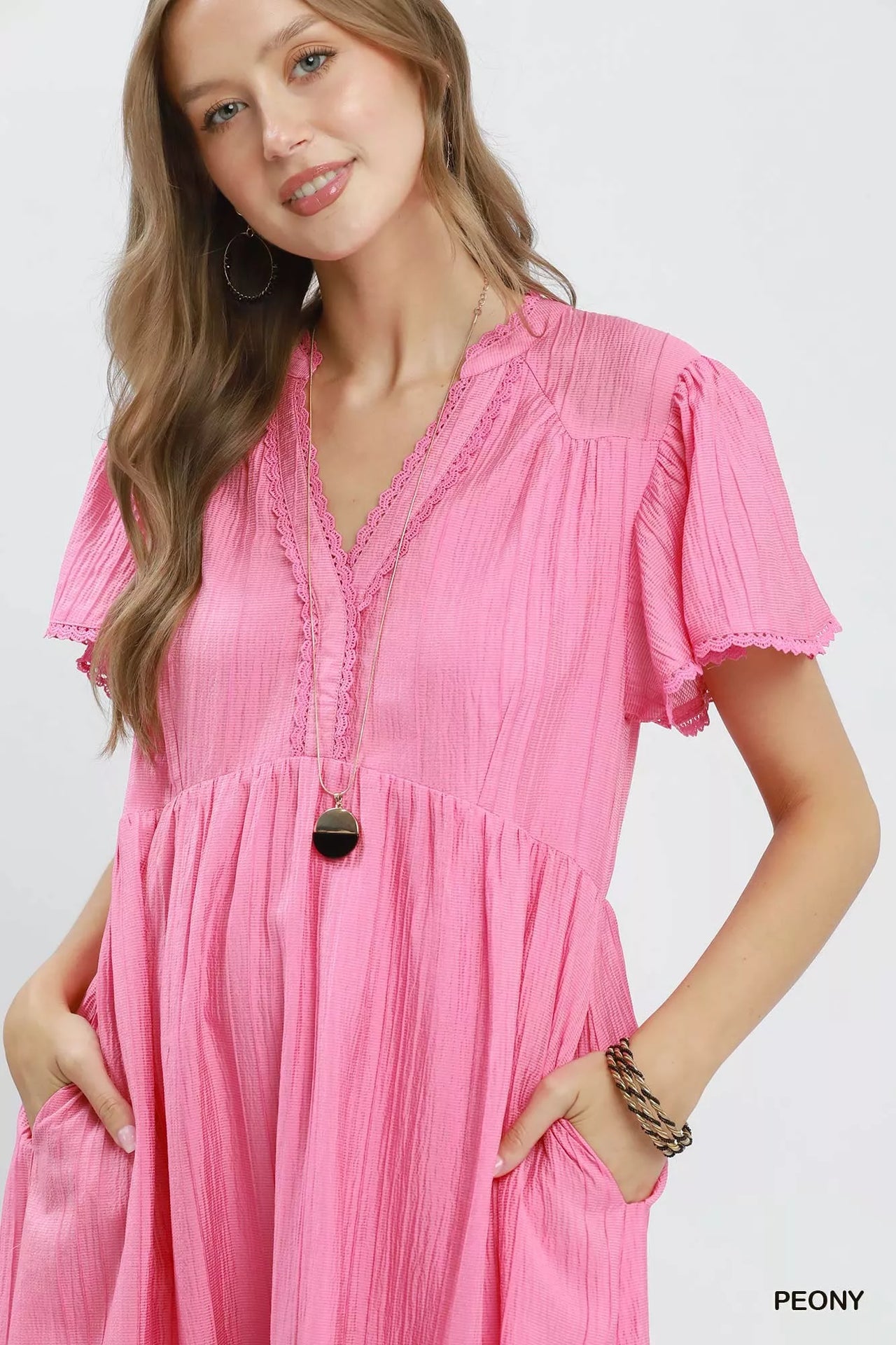 Umgee Textured Tiered Midi Dress with Side Pockets