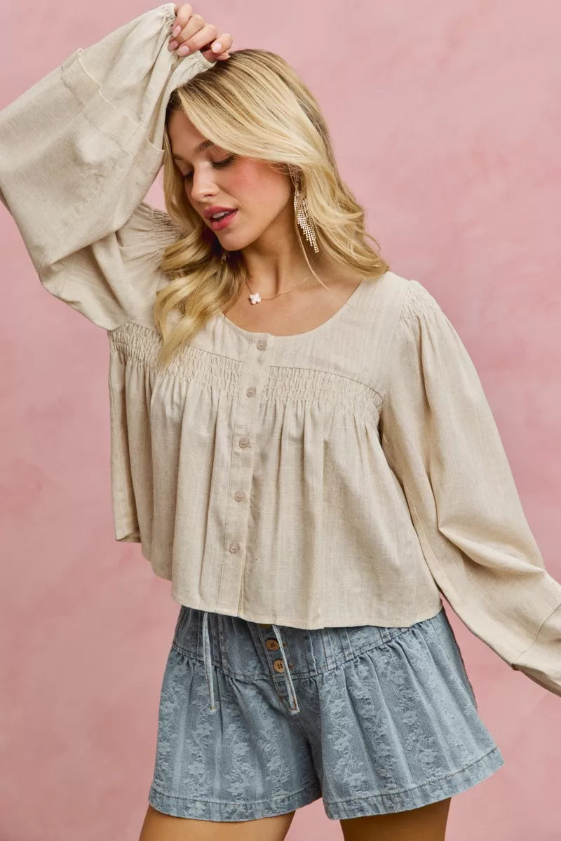 SO ME Linen Blend Woven Long Sleeve With Smocking Top