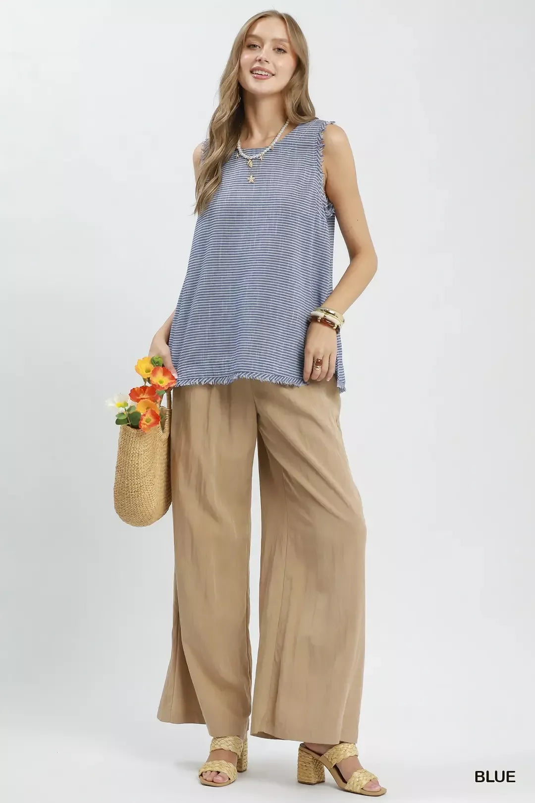 Umgee Stripe Fringe Trim Sleeveless Top