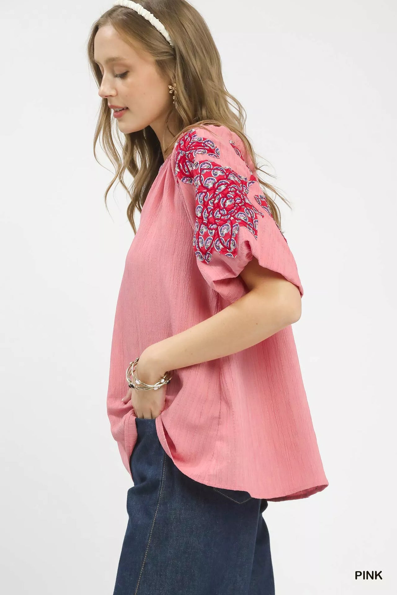Umgee Embroidered Sleeve Contrast Trim Top