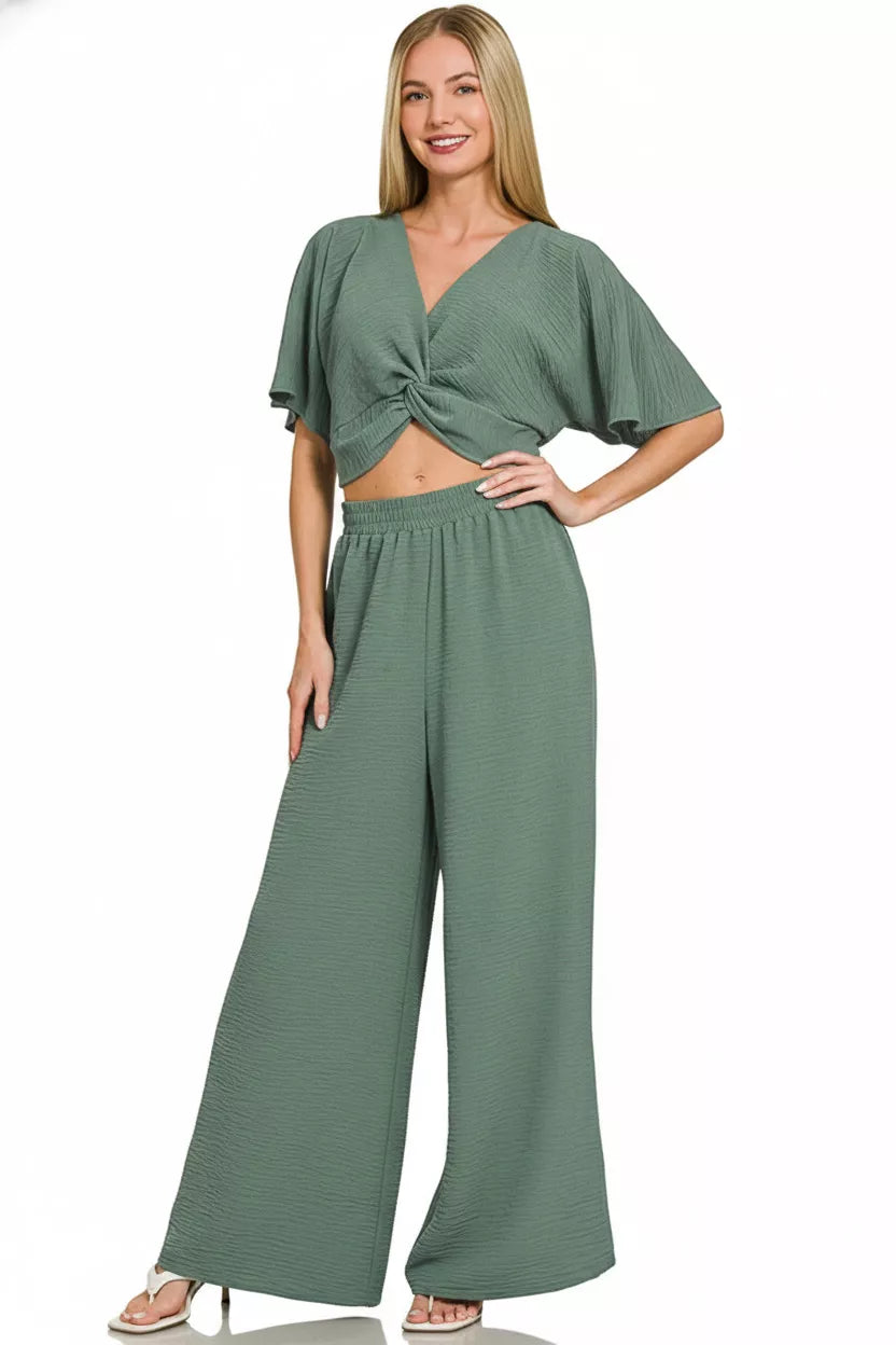 Zenana Woven Airflow Twisted Top & Wide Leg Pants Set