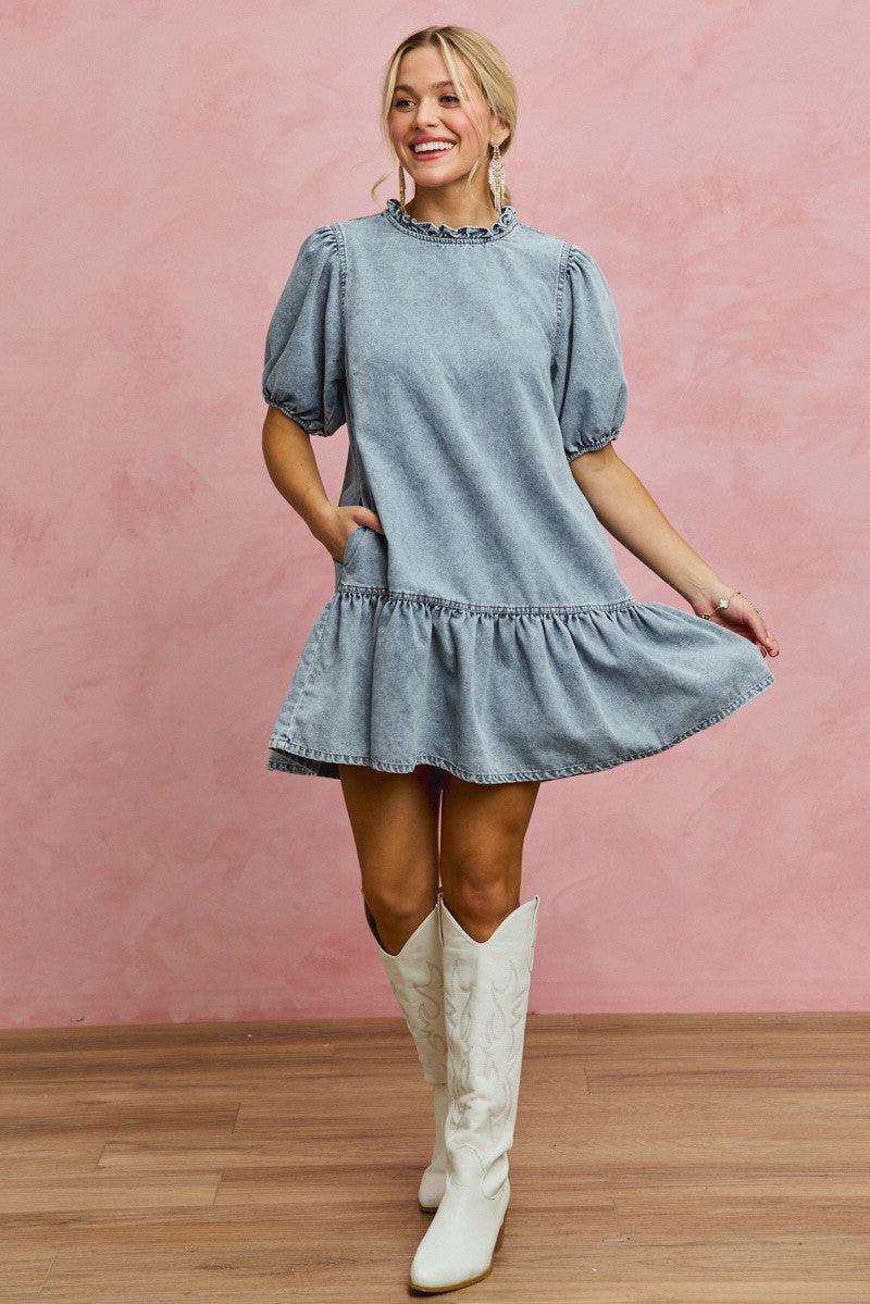SO ME Denim Short Sleeves Mini Tiered Dress