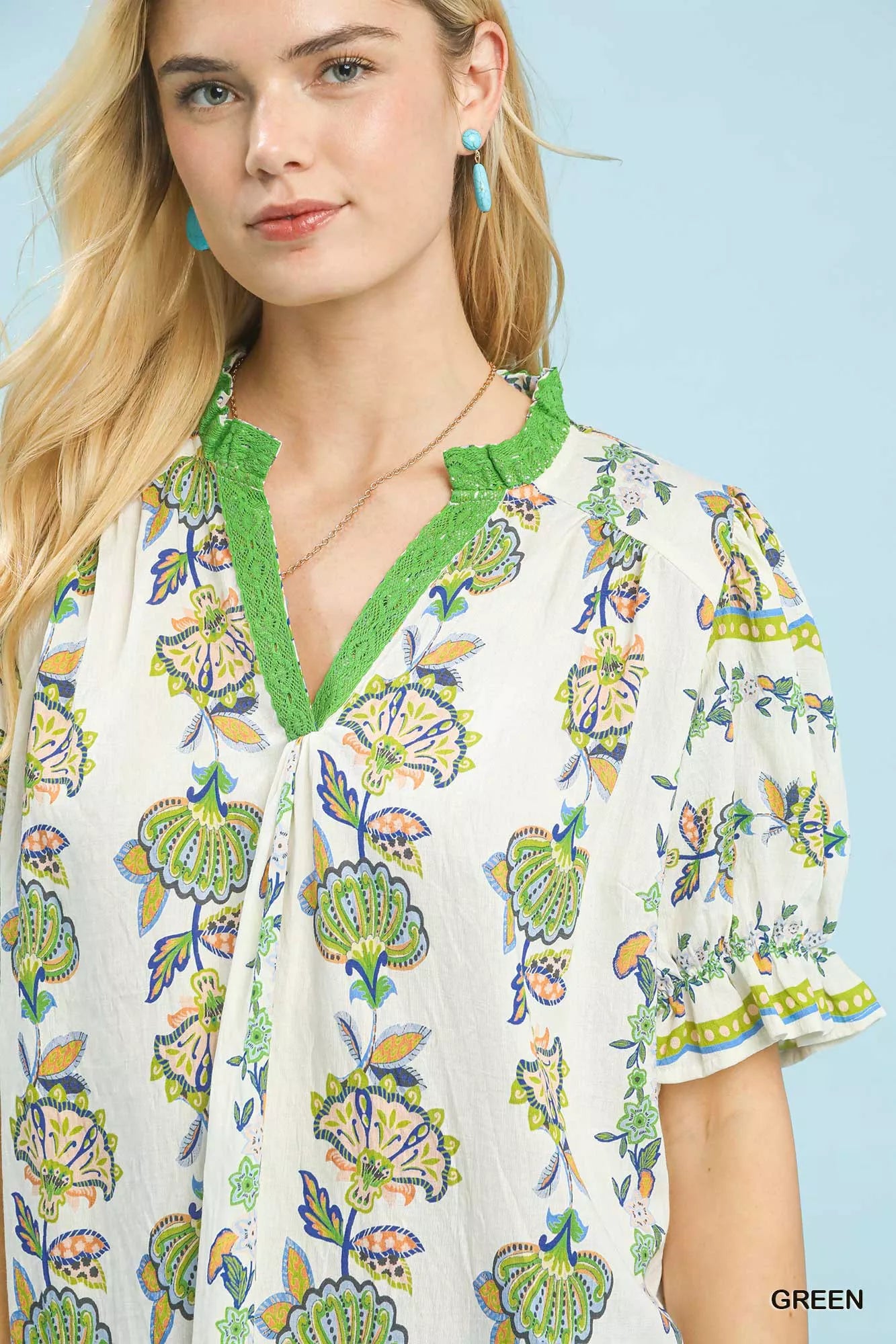 Umgee Abstract Border Print V-Neck Top