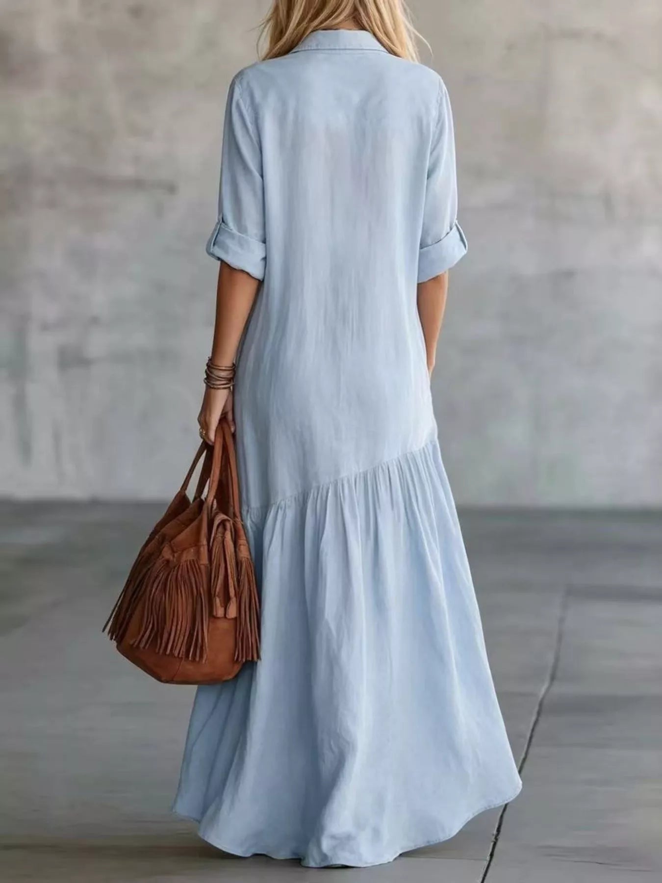 Full Size Button Front Roll-Up Sleeve Maxi Dress Plus Size