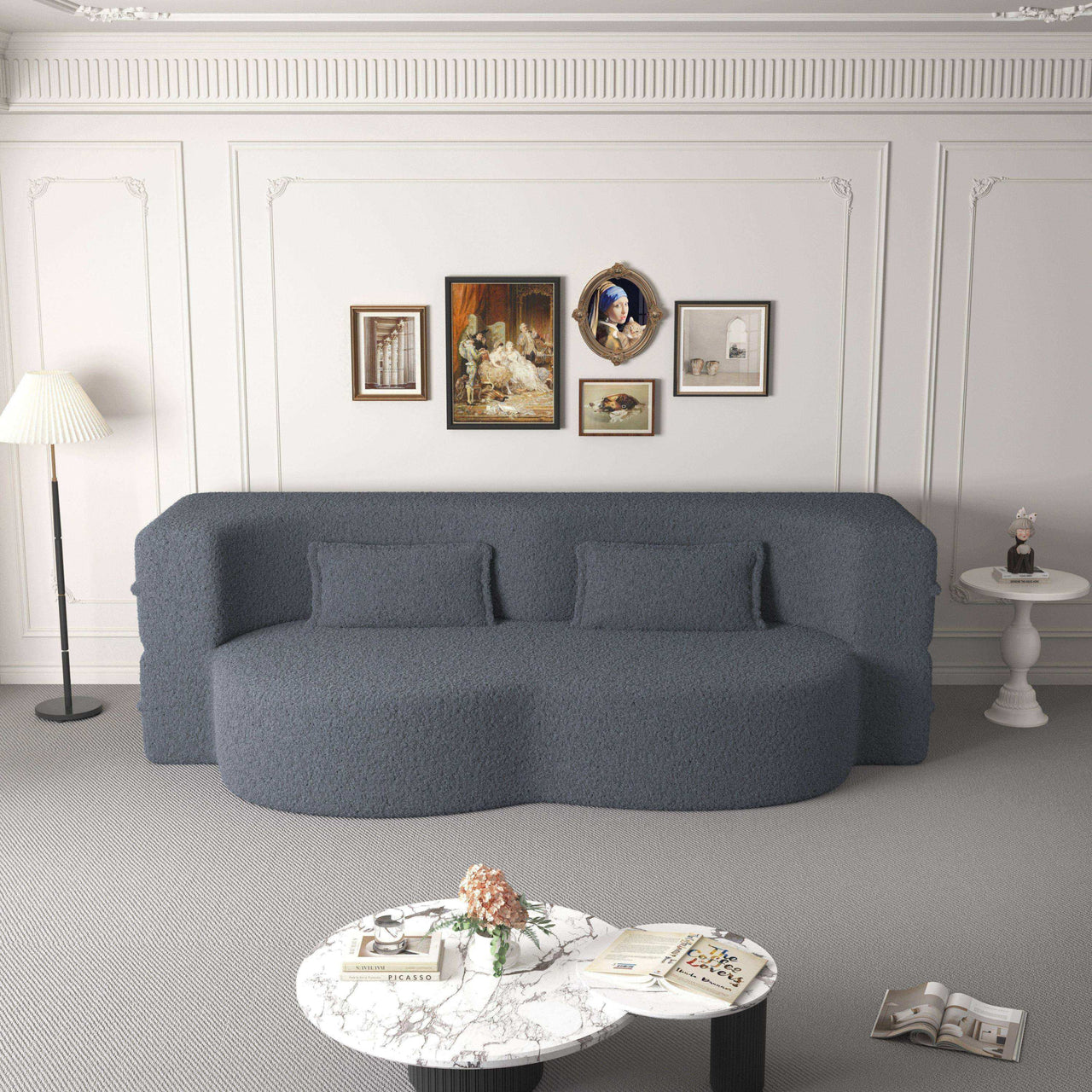 Modern Floor Sofa, with 2 Pillows, Convertible Teddy Fabric Foam Filled Bed, 15 inch Full Size Folding Mattress, Suitable for Living Room, Guest room, Game Room, Grey