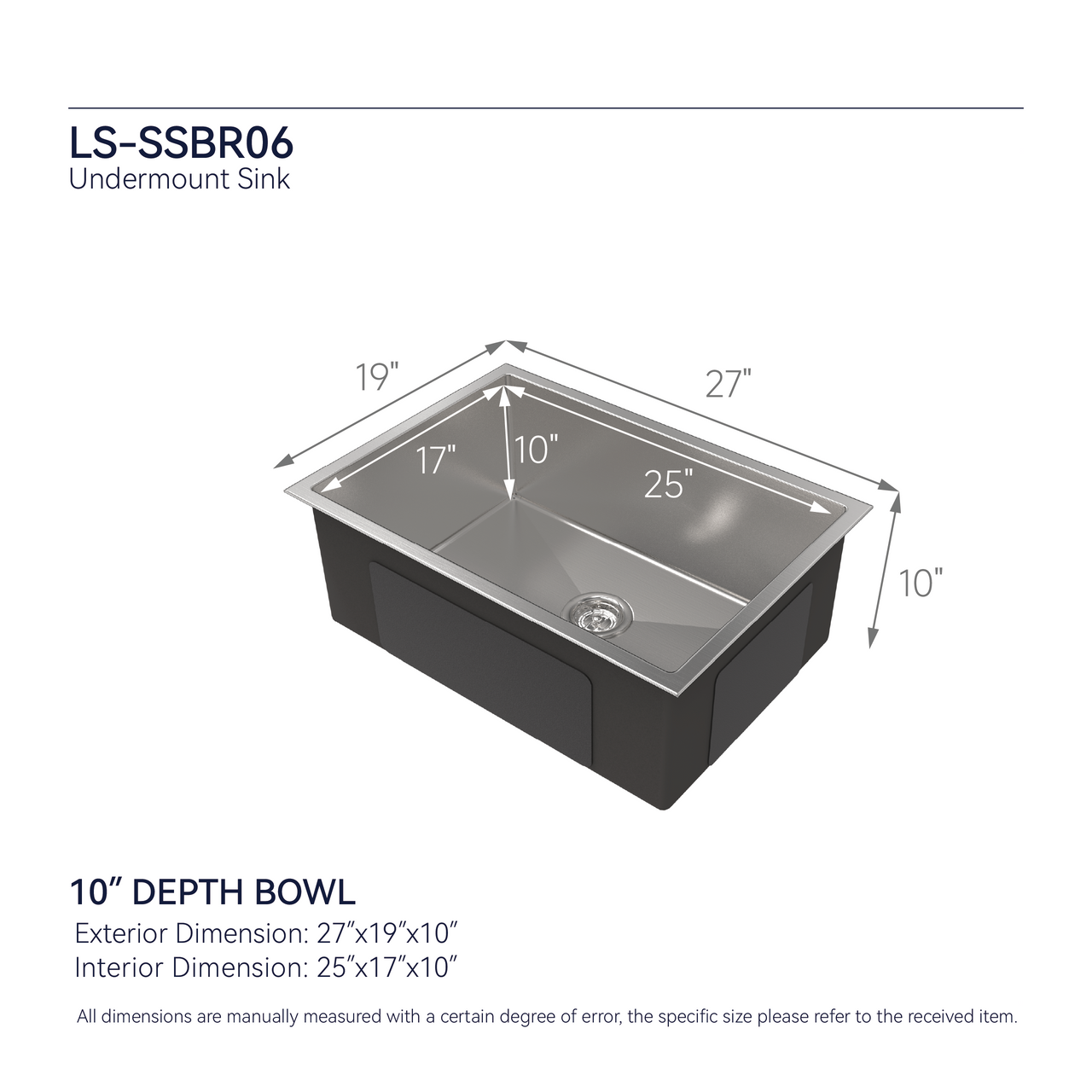 Stainless Steel Kitchen Sink, 27″x19″ Single Bowl, Undermount Handmade Sink in Brushed Nickel, with US Standard Drain and Hook, LS-SSBR06