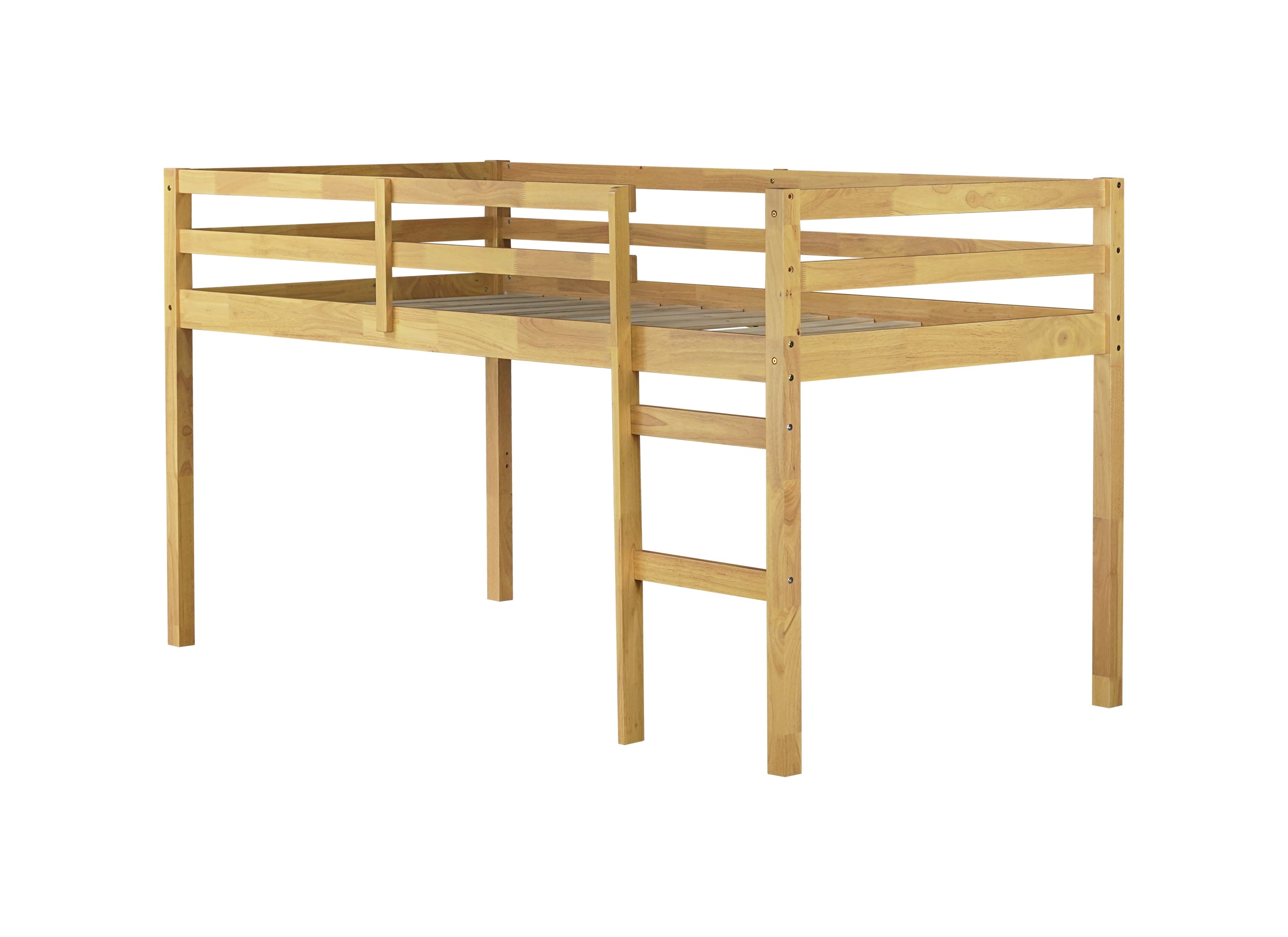 Solid Wooden, Rubber Wooden Twin Loft Bed with Ladder, Bed Platform of Strengthened Slats, Natural