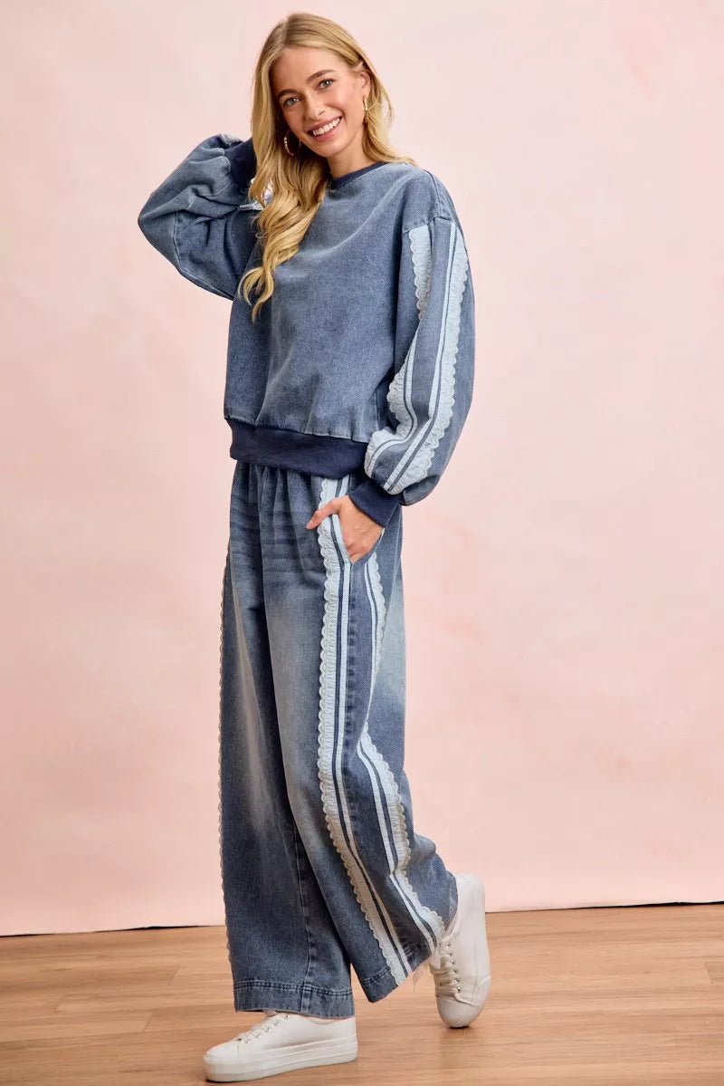 BiBi Washed Denim Lace Contrast Sided Sweatshirt