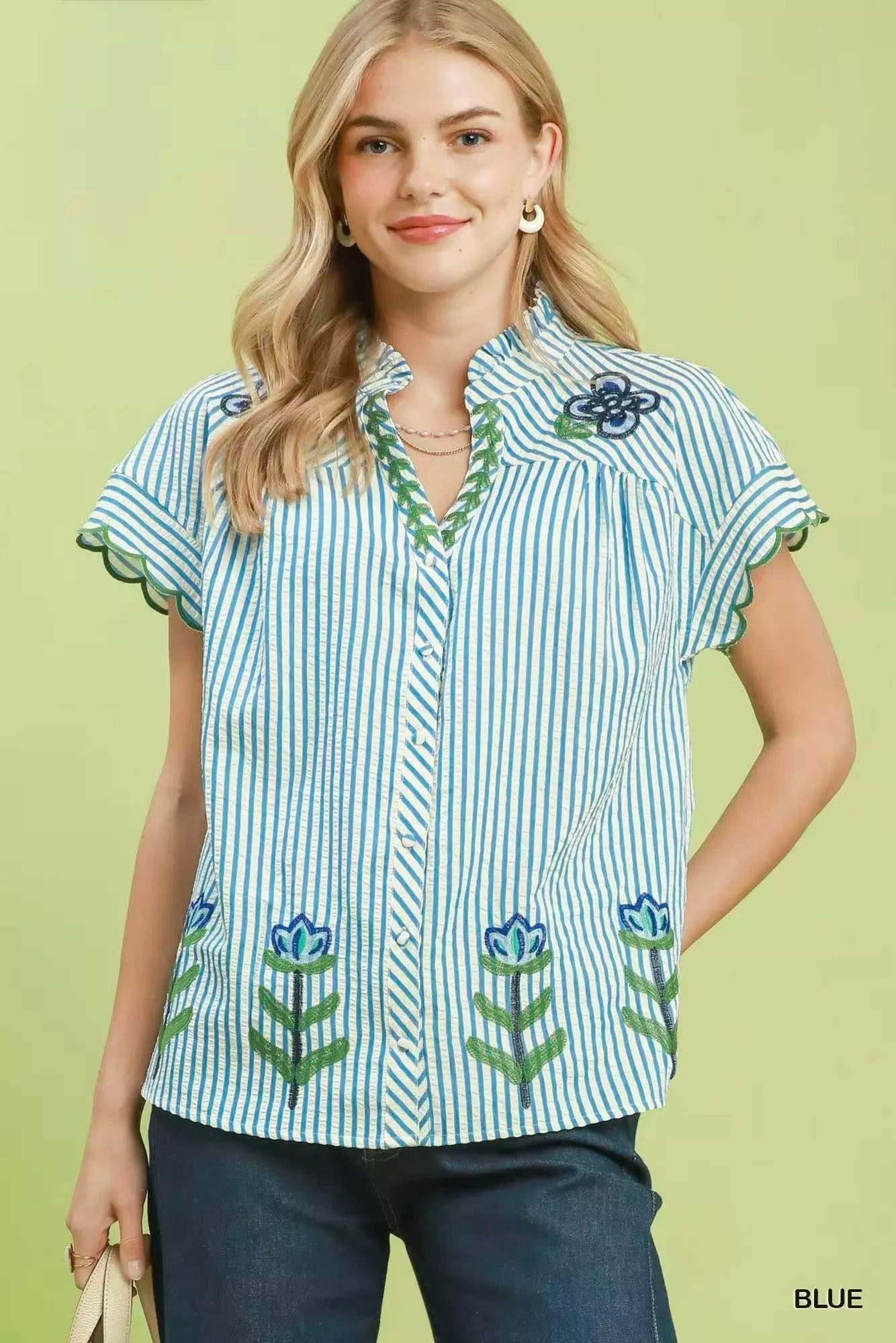 Umgee Embroidered Stripe Button Front Top