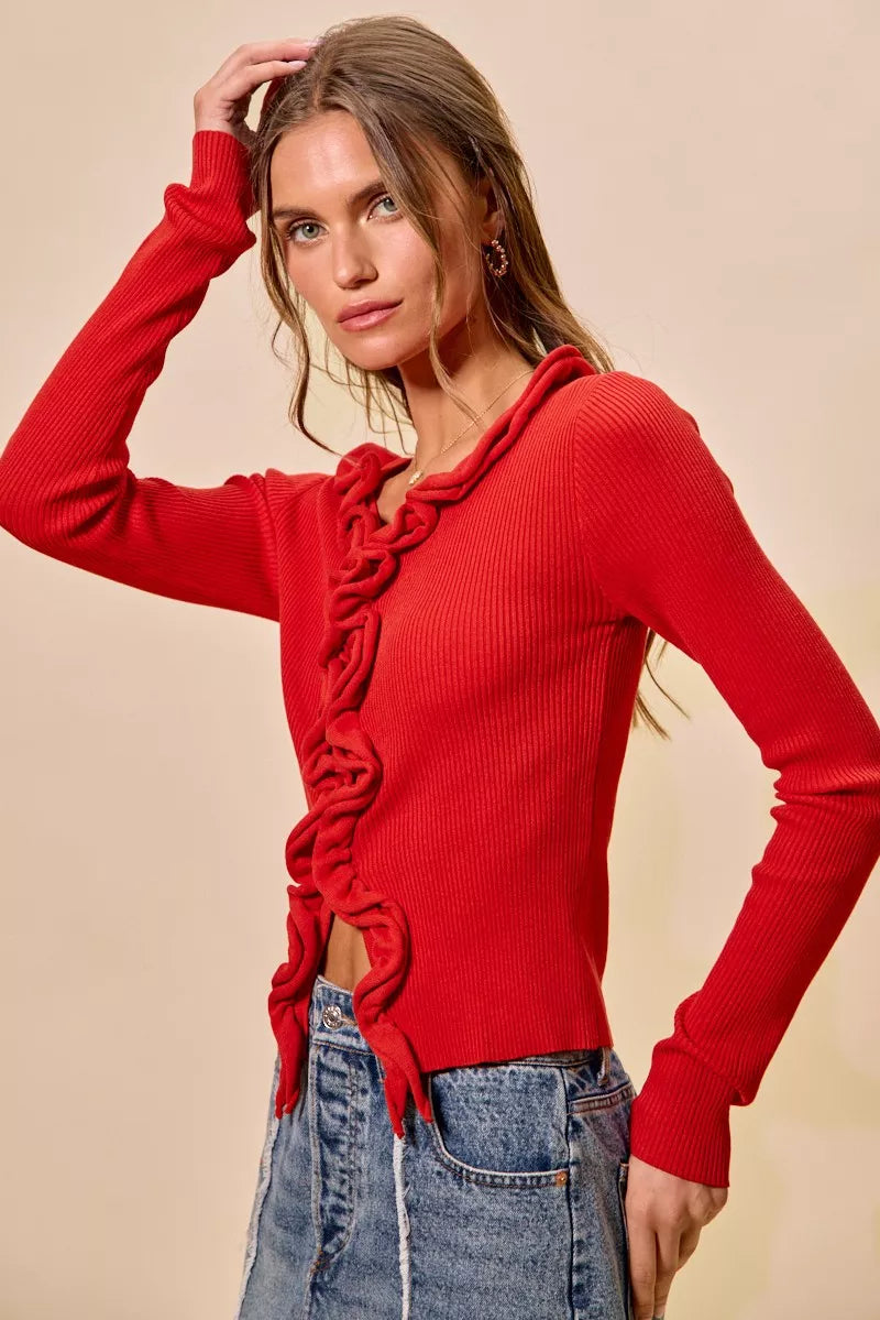 SO ME Cascade Ruffle Ribbed Sweater Cardgian