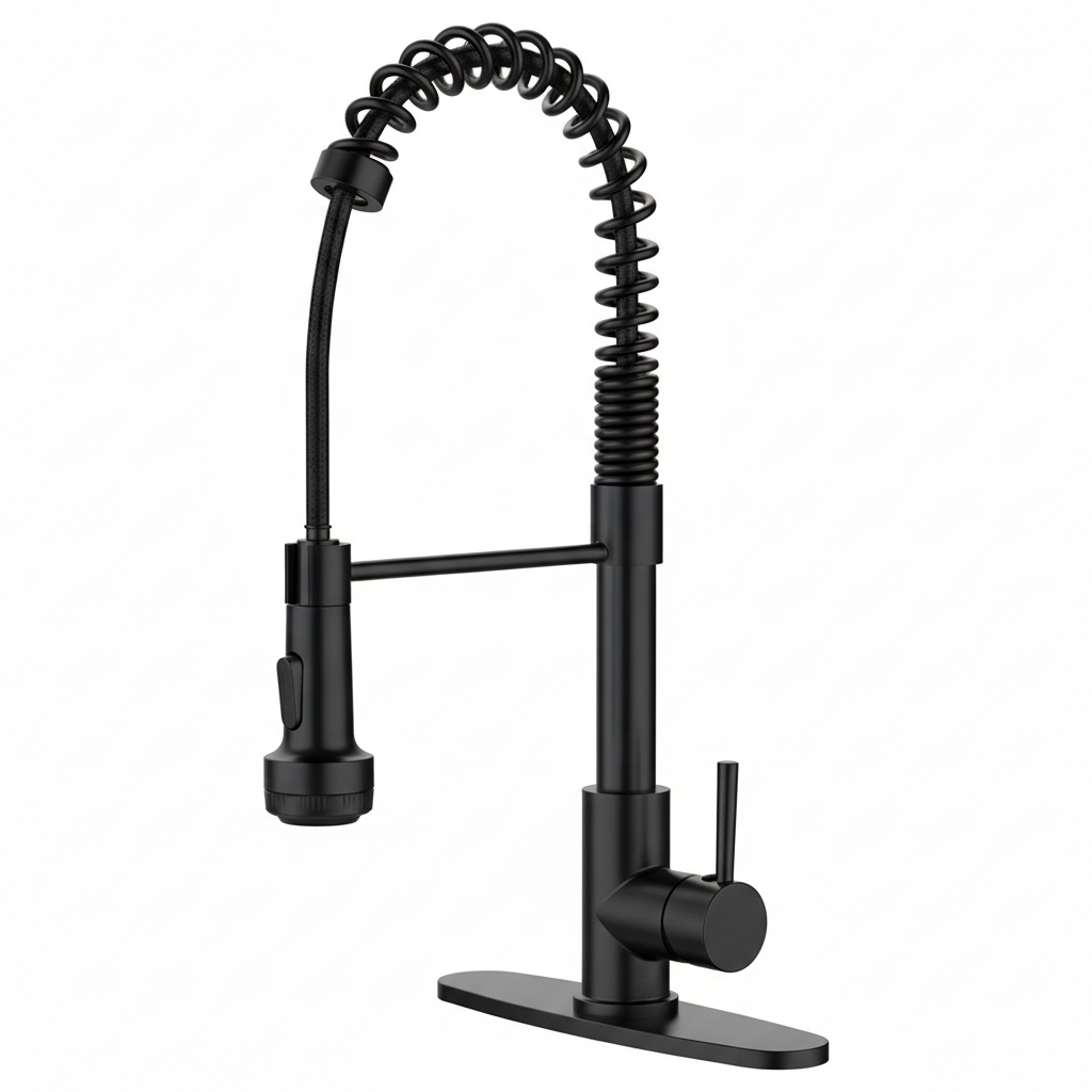 Kitchen Faucet with Pull Down Sprayer and 4 Spraying Modes Single Handle Commercial Spring Kitchen Sink Faucet Matte Black 1 or 3 Hole