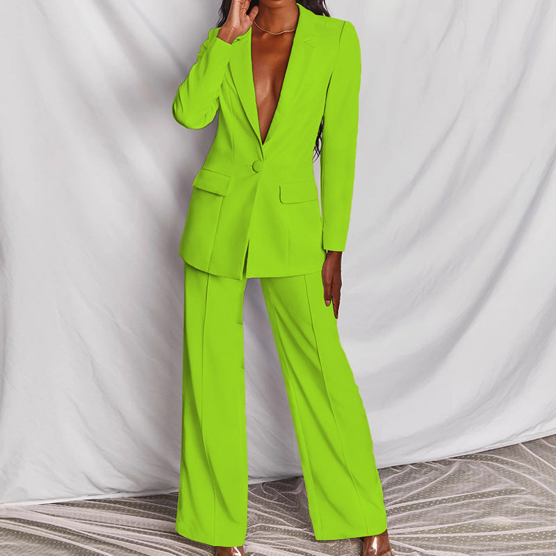 2pcs Casual Suit Lapel Button-down Blazer Jacket And Straight-leg Pants Office Commuting Business Trousers Set Clothing (See size chart where applicable)
