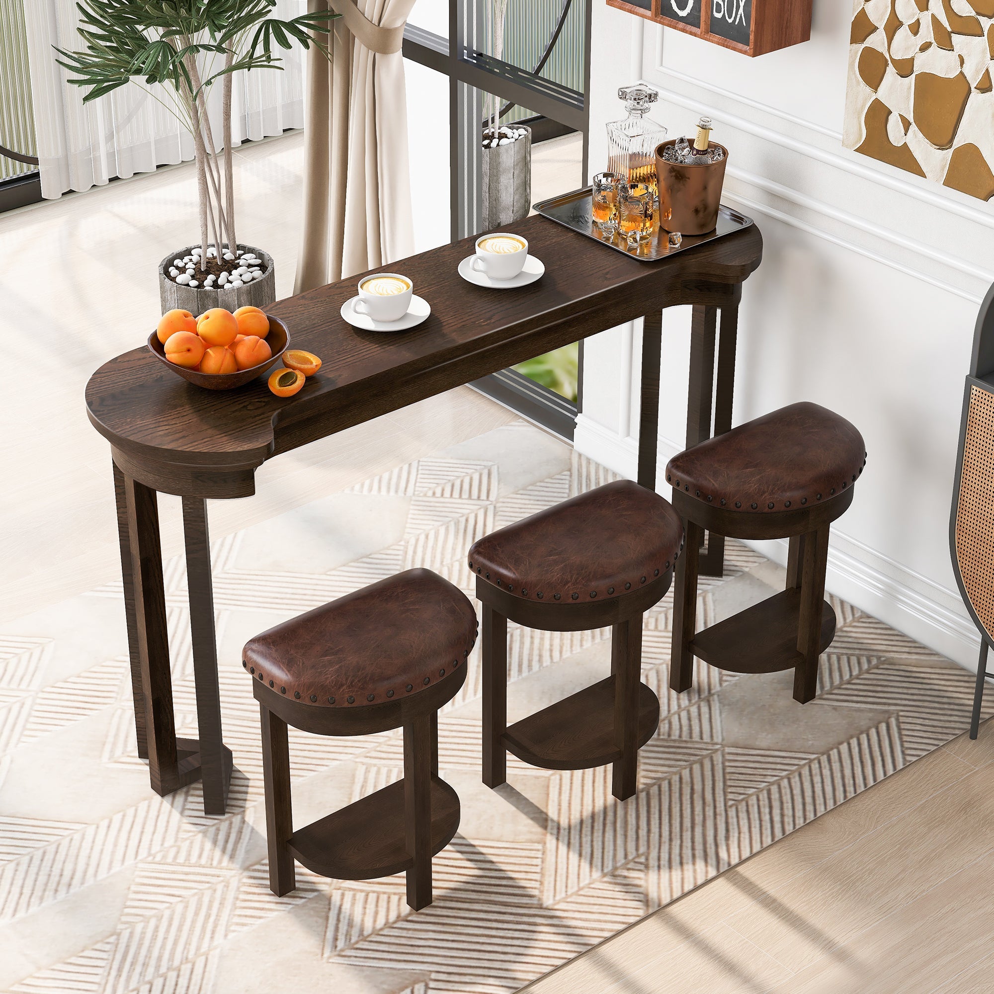 4 Piece Bar Table Set with3 PU Upholstered Bar Stools, Breakfast Table with 3 Padded Stools Solid Wood Counter Height Dining Table Set for Living Room, Dining Room.  Espresso