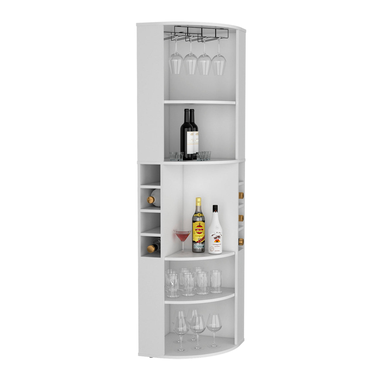 71' Corner Bar Cabinet with Five Shelves, Eight Bottle Cubbies and Stemware,White