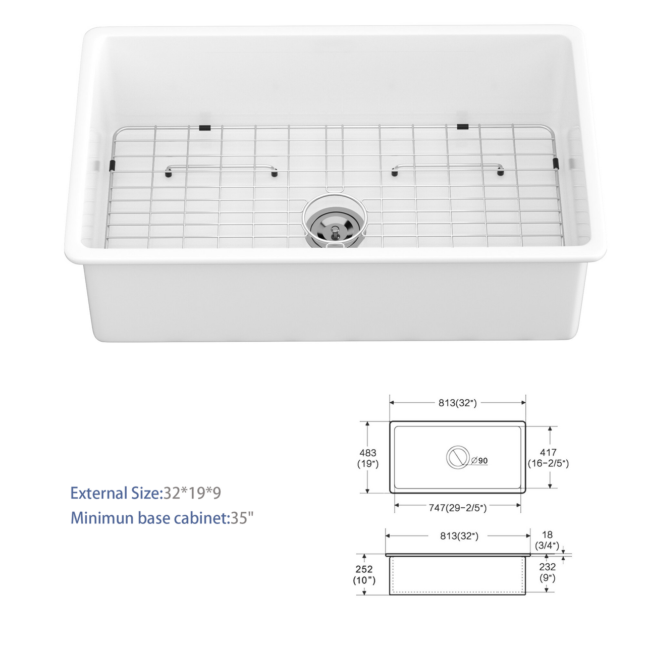 White Fireclay Rectangular Deep Single Bowl Sink 32x19x10 Inch Undermount Top Mount Porcelain Kitchen Sink