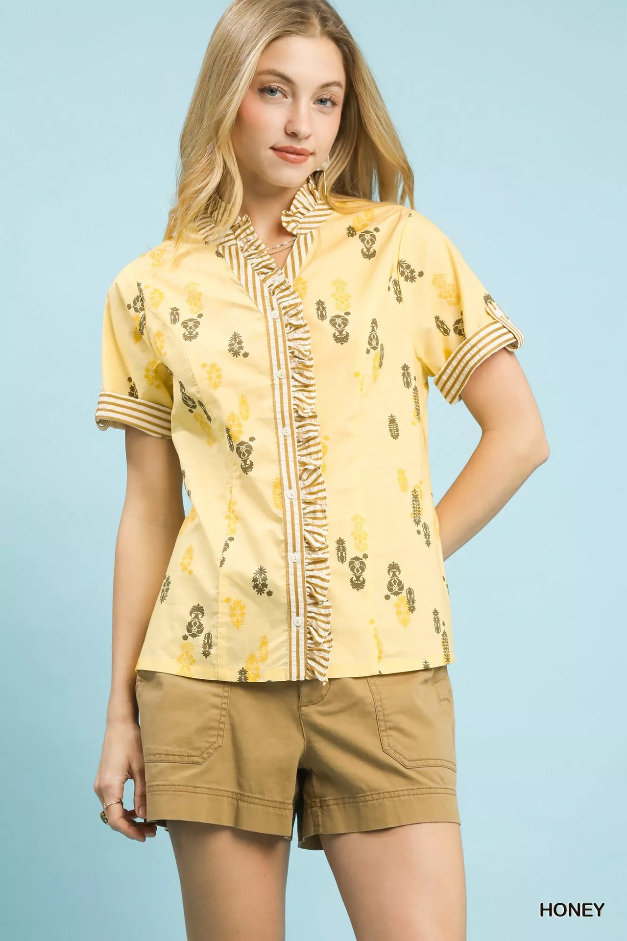 Umgee Printed Ruffle Trim Button Front Blouse