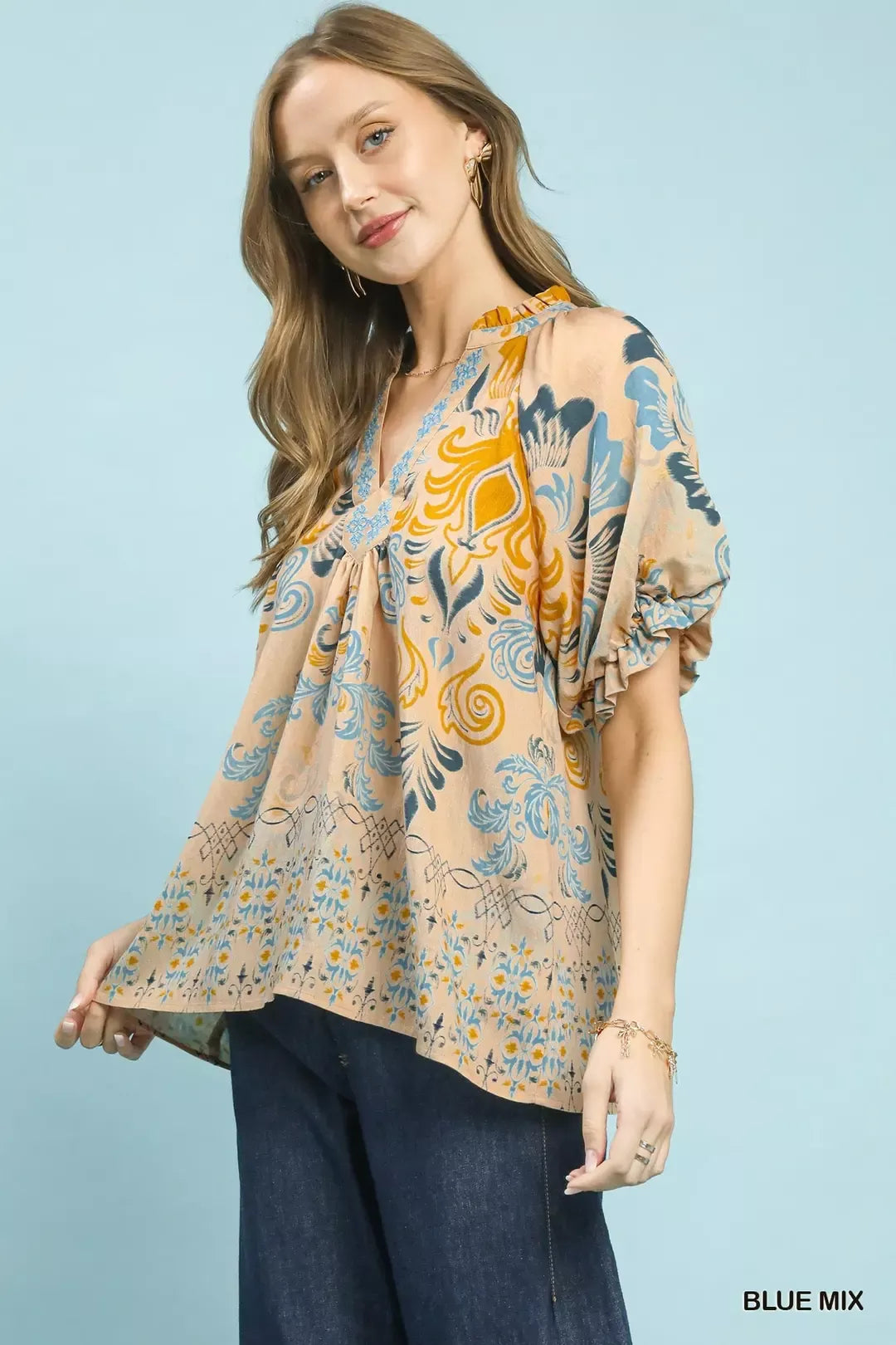 Umgee Border Print Puff Sleeve V-Neck Blouse