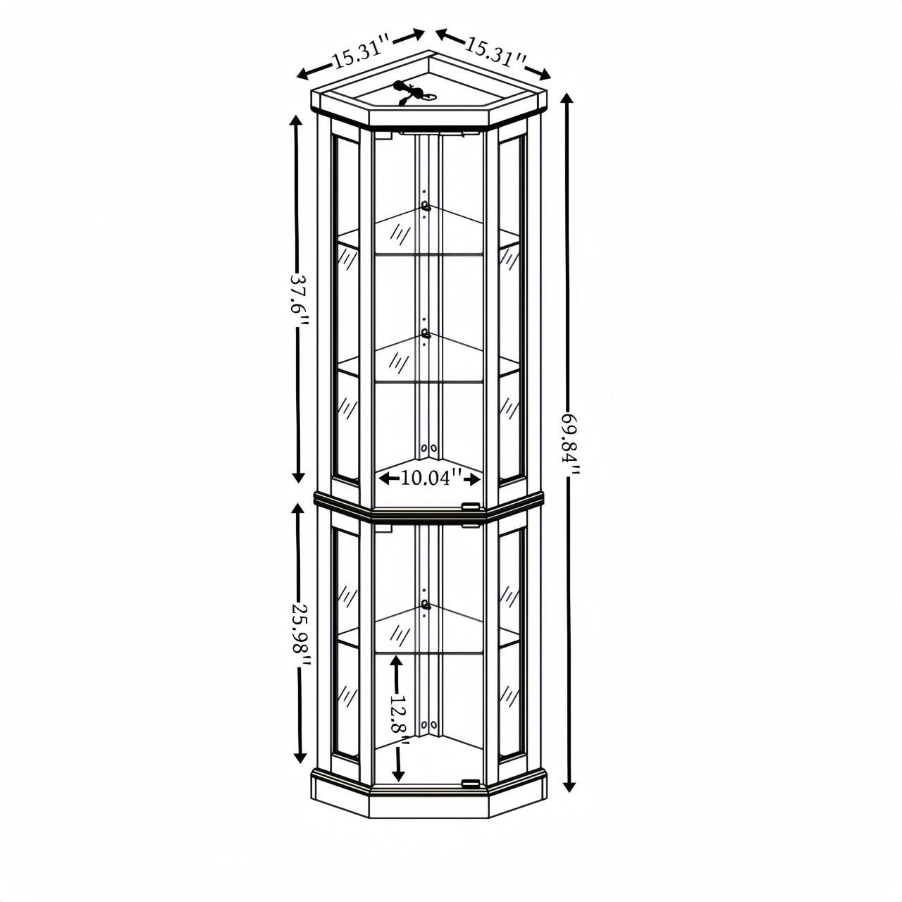 Corner Glass Cabinet Lighted Curio Cabinet Corner Display Case for Living Room, Curio Cabinet, Antique collection, Wine,Bar Glass Storage Light Included, Dark oak