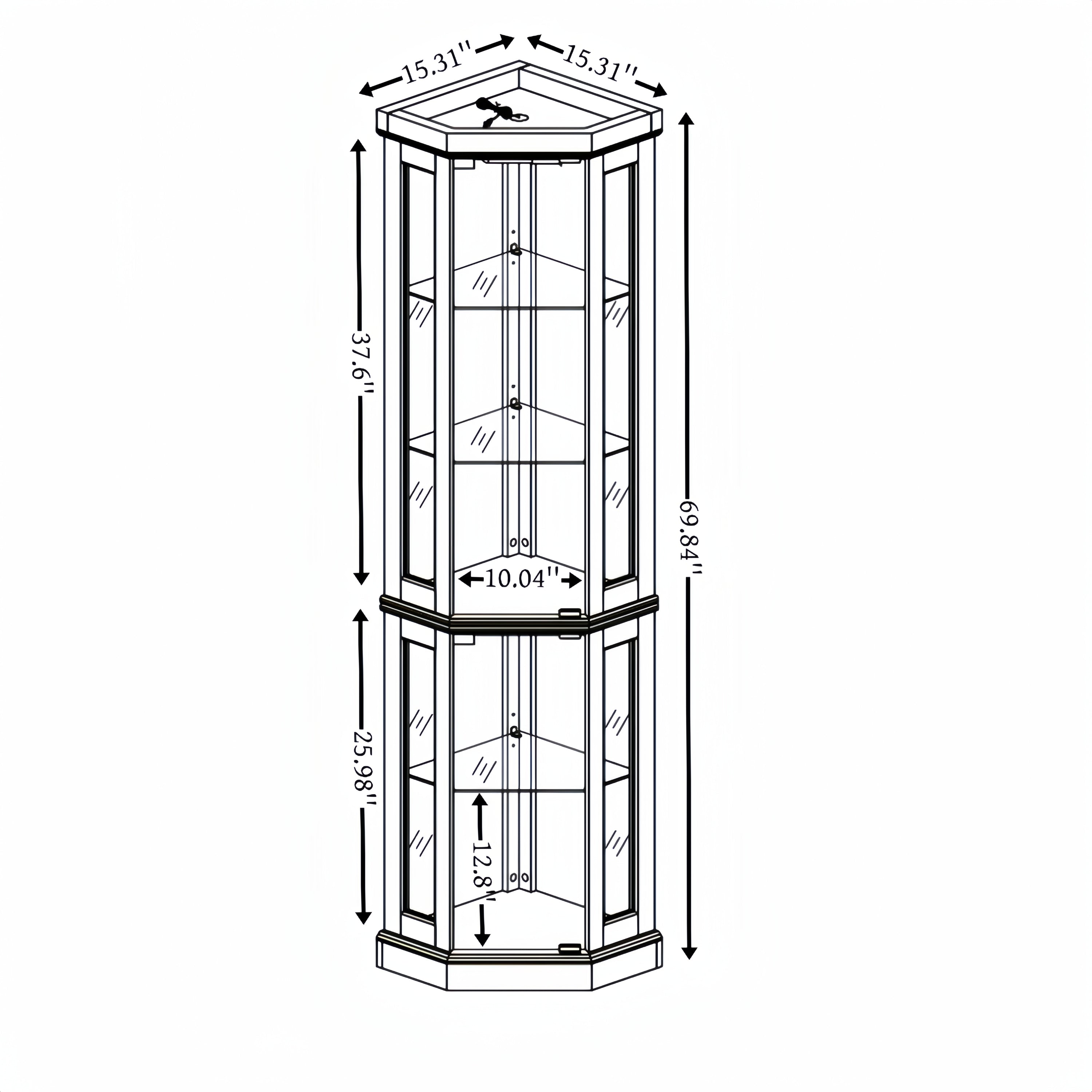 Corner Glass Cabinet Lighted Curio Cabinet Corner Display Case for Living Room, Curio Cabinet, Antique collection, Wine,Bar Glass Storage Light Included, Dark oak