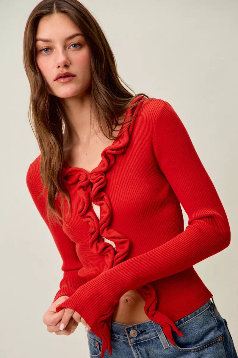 SO ME Cascade Ruffle Ribbed Sweater Cardgian