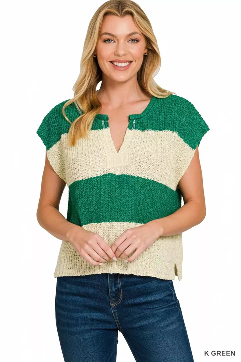Zenana Split Neck Sleeveless Stripe Sweater