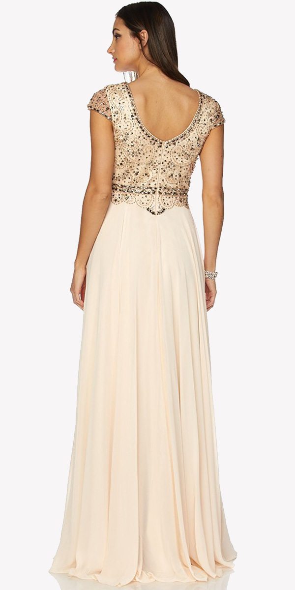 Juliet 657 Cap Sleeves Beaded Bodice A-line Long Dress