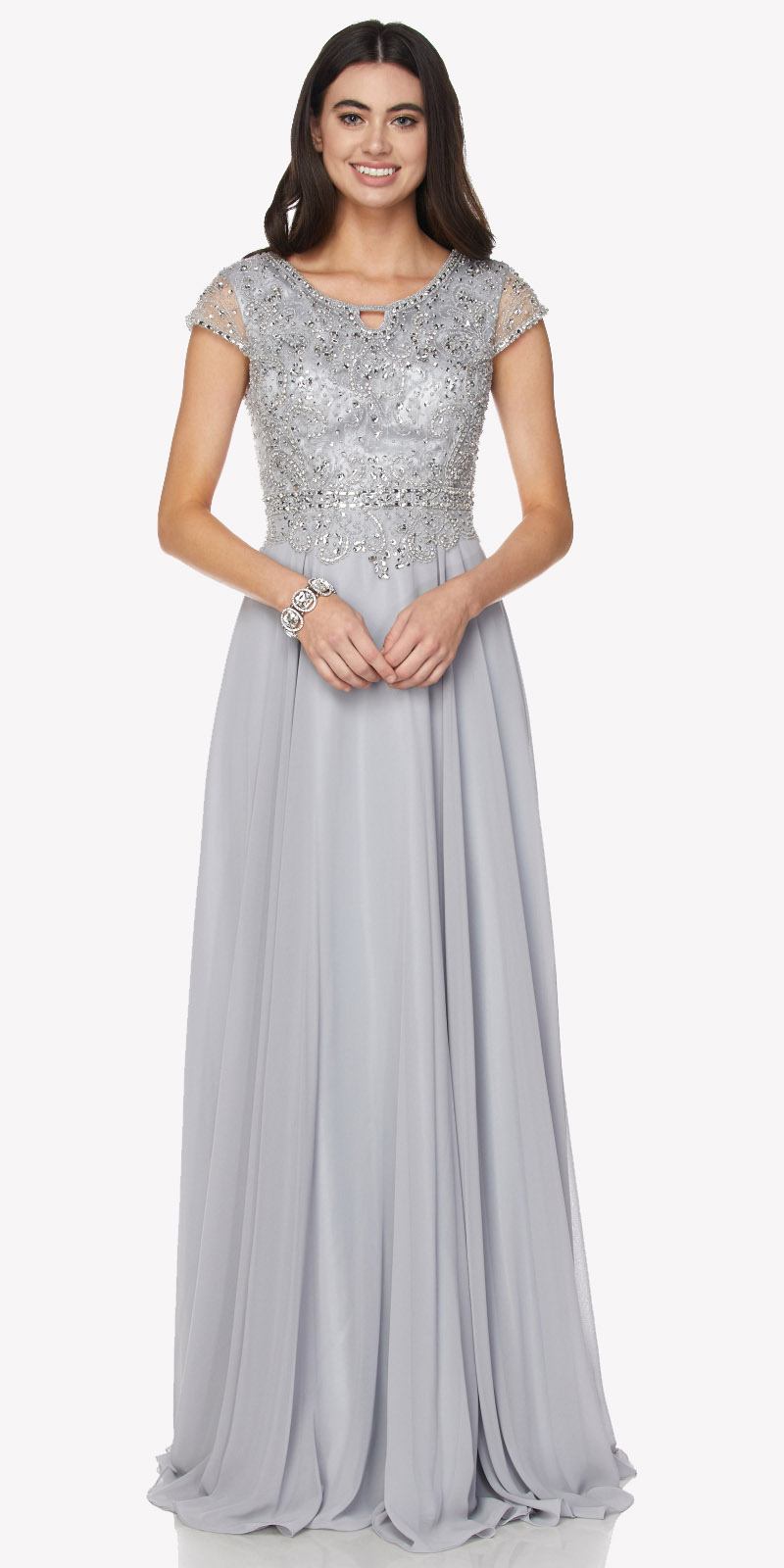 Juliet 657 Cap Sleeves Beaded Bodice A-line Long Dress