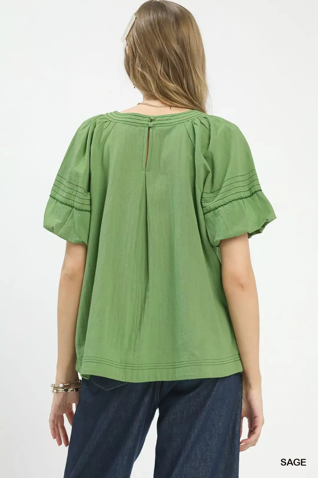 Umgee Round Neck Puff Sleeve Top with Contrast Stitch Detail