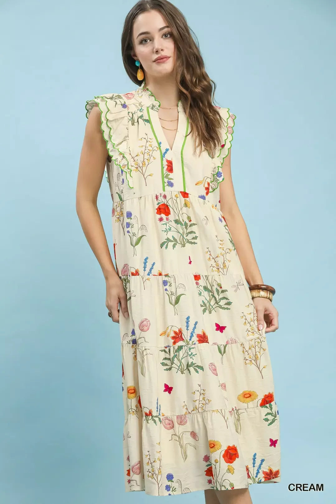 Umgee Floral Ruffle Tiered Midi Dress with Scalloped Detail
