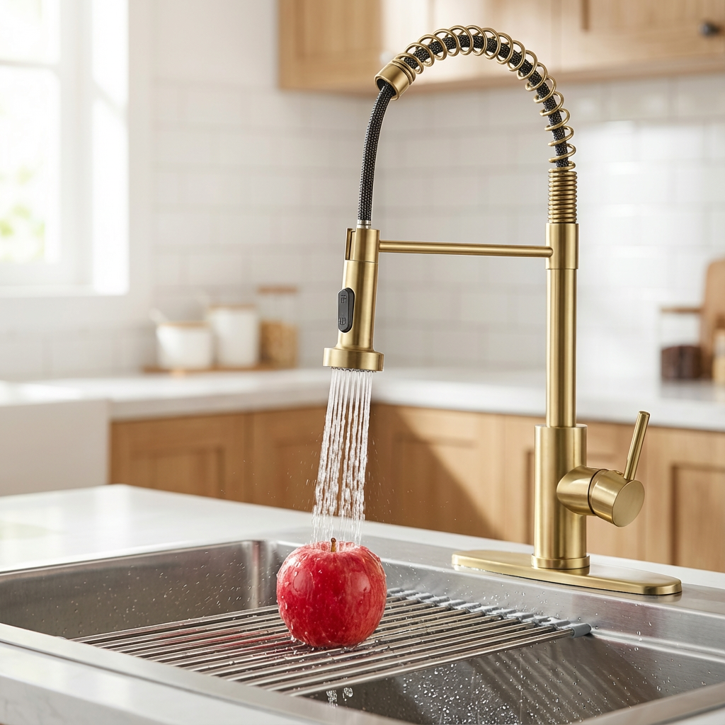 Kitchen Faucet with Pull Down Sprayer Industrial 1 Handle 1 Hole Or 3 Hole Faucet for Farmhouse Camper Laundry Utility Rv Wet Bar Sinks, Stainless Steel, Brushed Gold
