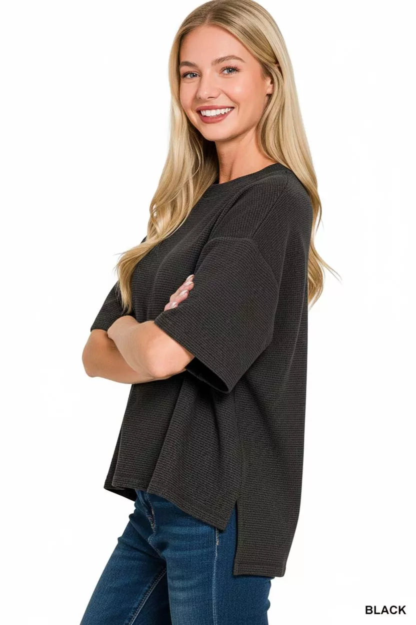 Zenana Full Size Double Knit Side Slits Hi Low Short Sleeve Top Plus Size