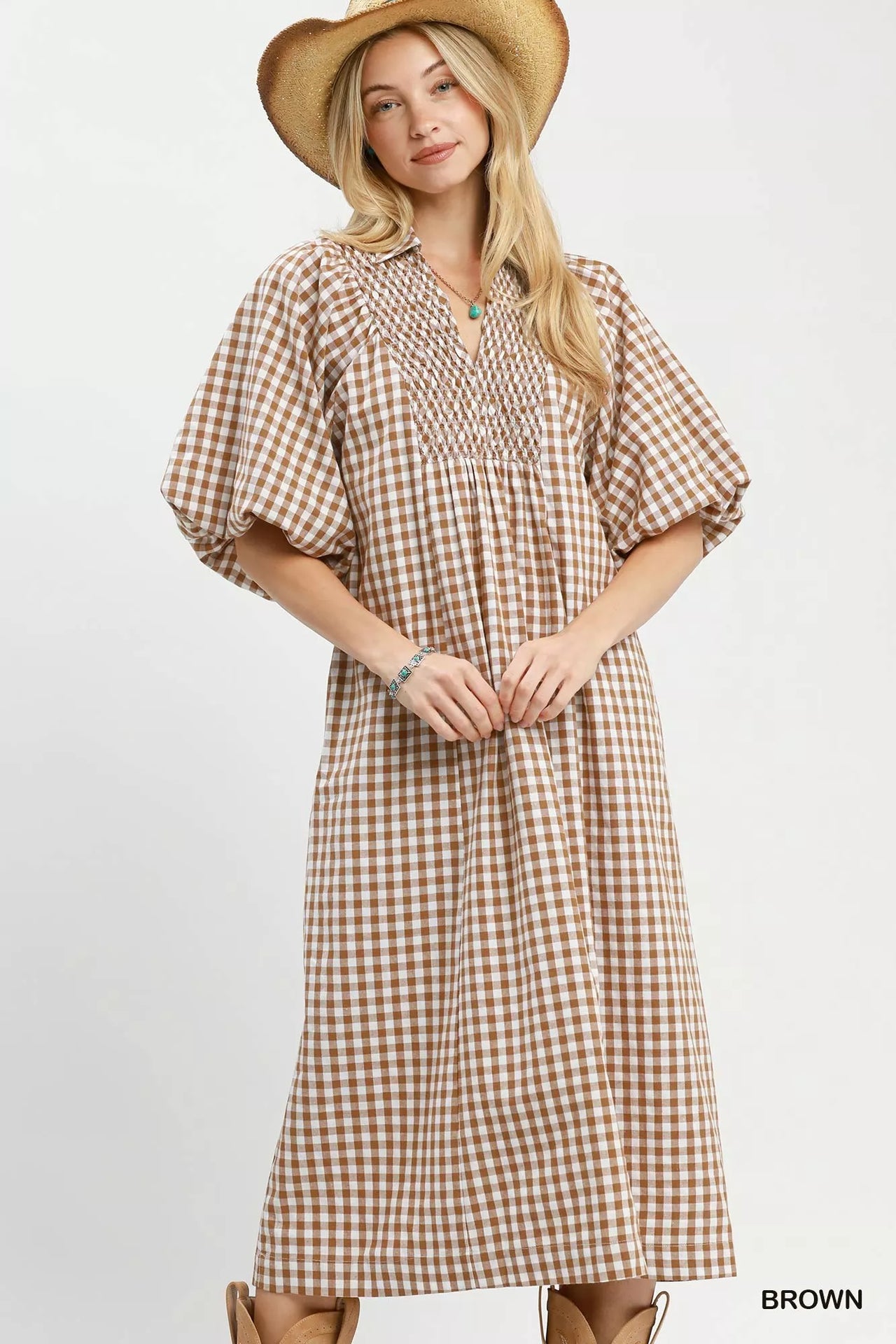 Umgee Puff Sleeve Plaid Midi Dress
