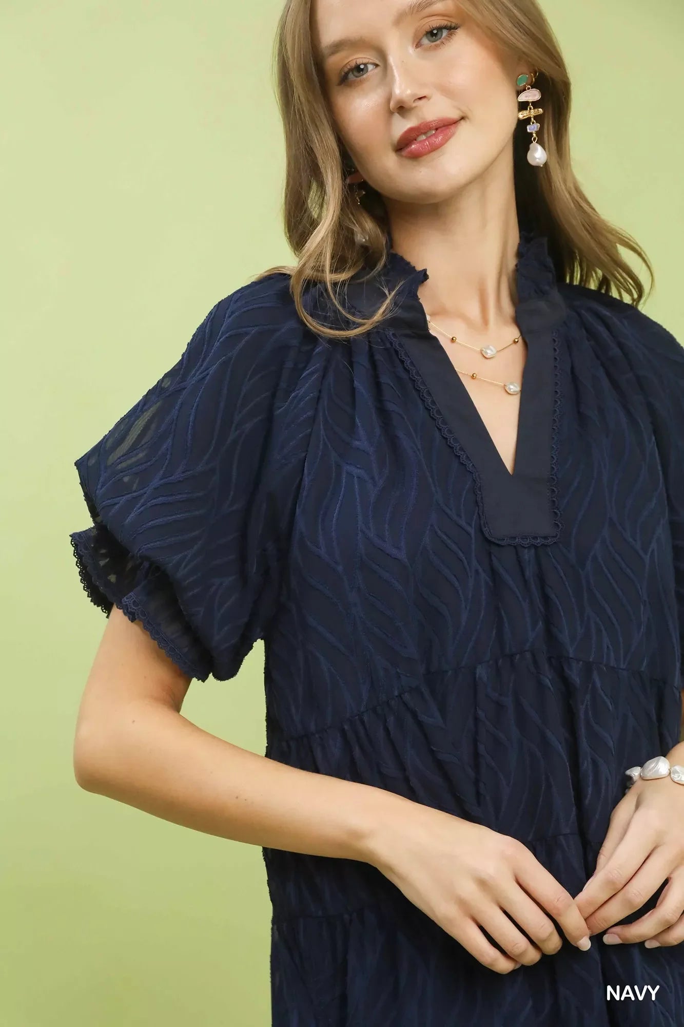 Umgee Textured Tiered Ruffle Collar Mini Dress