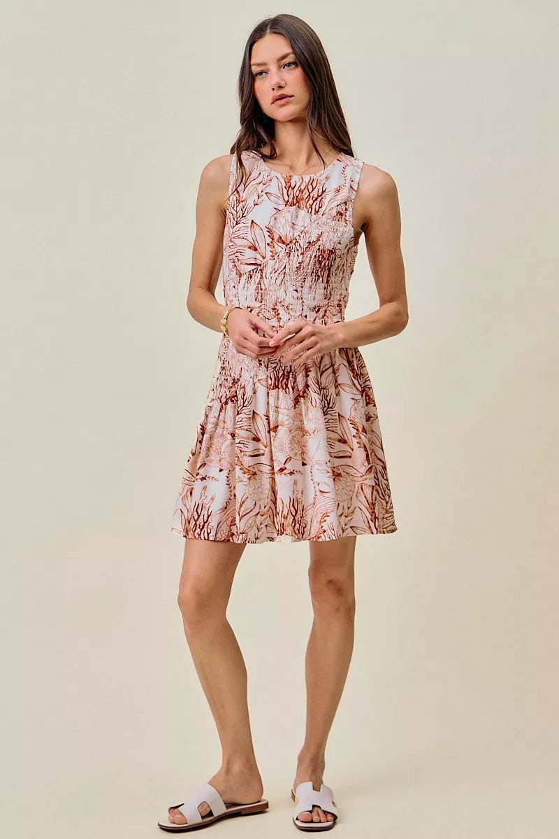 SO ME Shell Print Smocked Fit And Flare Mini Lined Dress