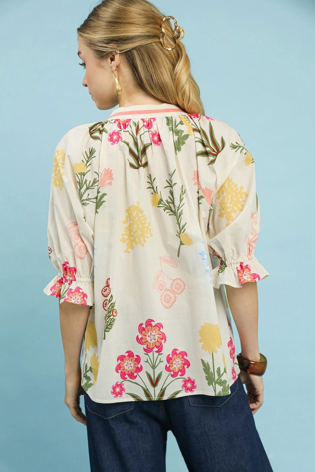 Umgee Floral Split Neck Puff Sleeve Top